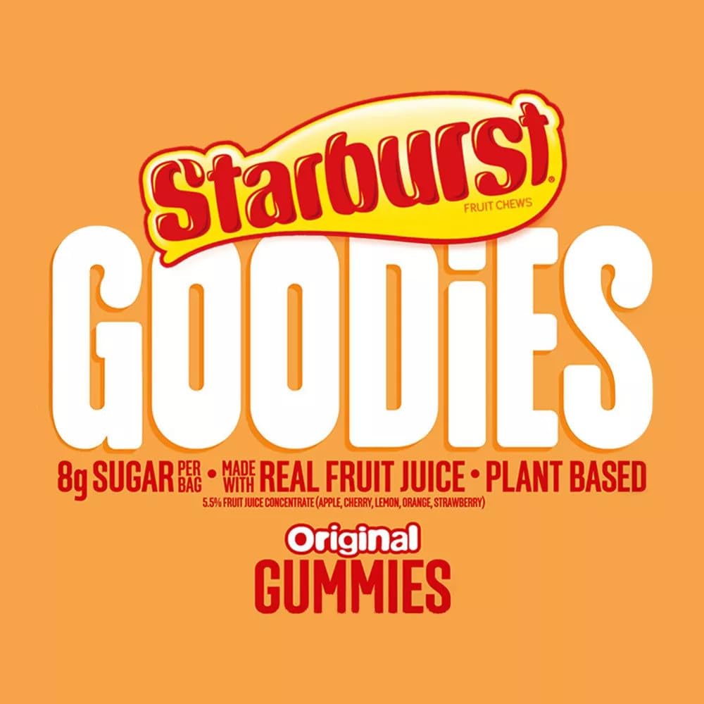 Starburst Goodies strawberry close-up, real fruit juice flavor for a tasty snack.
