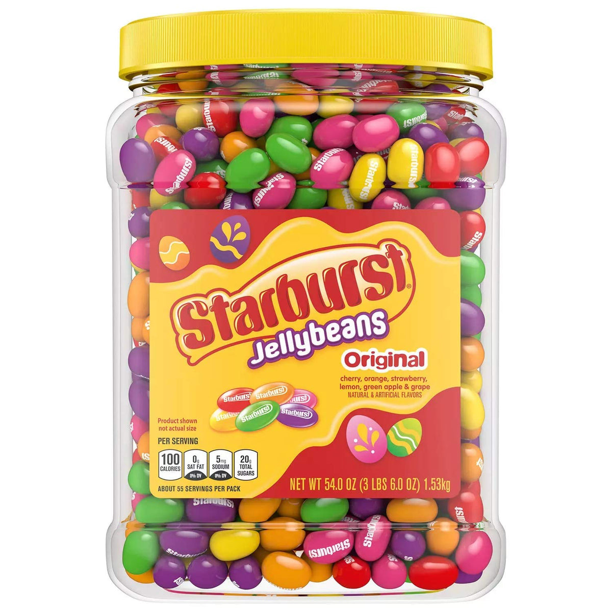 Starburst Jellybeans 54-ounce bulk jar highlights resealable lid for fresh, shareable candy.