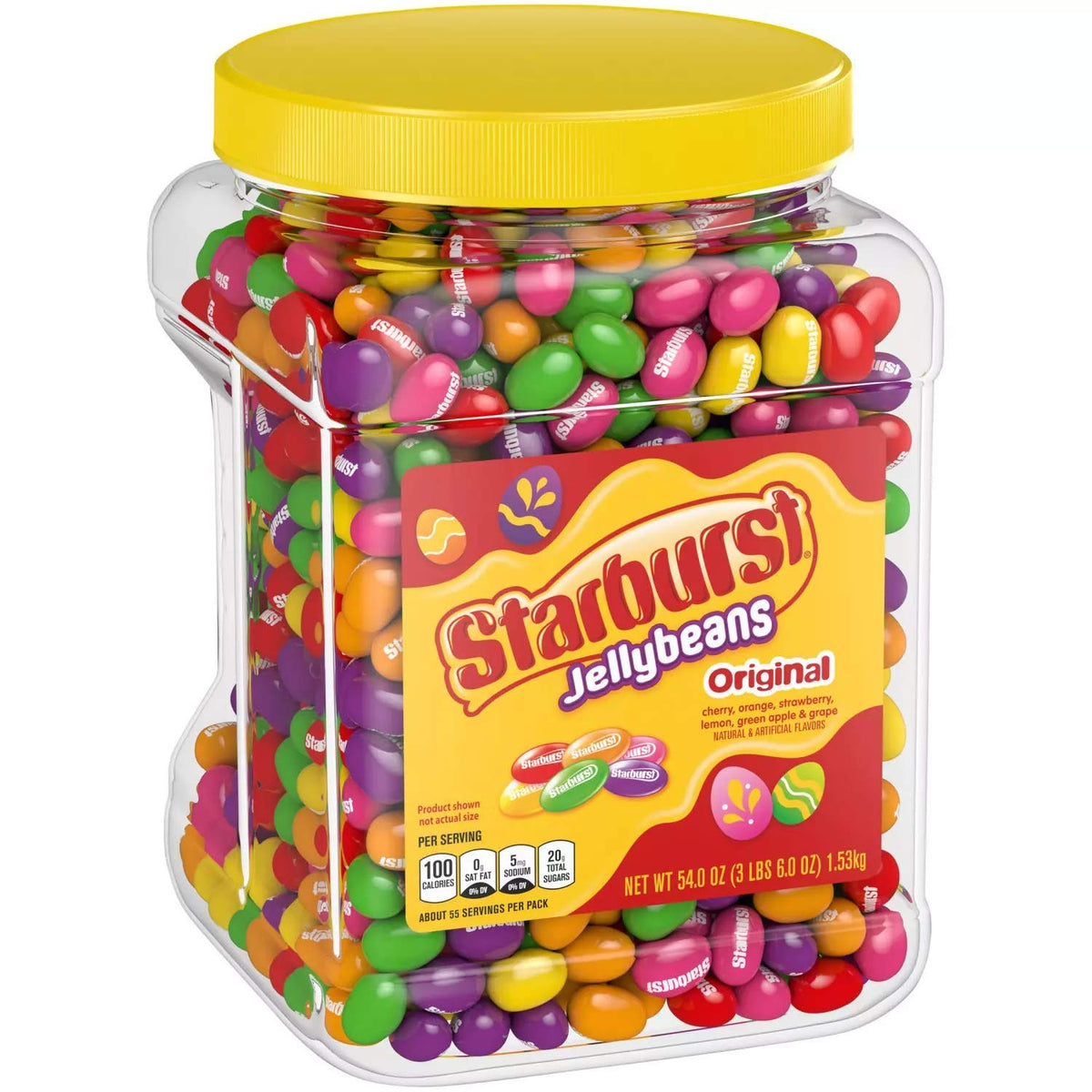 Starburst Jellybeans original flavors jar closeup showcases juicy, chewy candy for celebrations.
