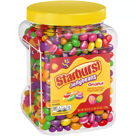 Starburst Jellybeans original flavors jar closeup showcases juicy, chewy candy for celebrations.
