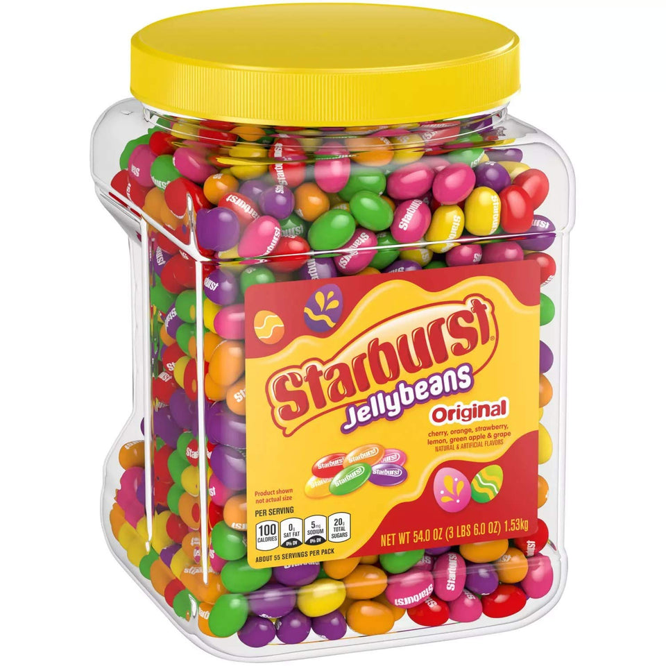 Starburst Jellybeans original flavors jar closeup showcases juicy, chewy candy for celebrations.