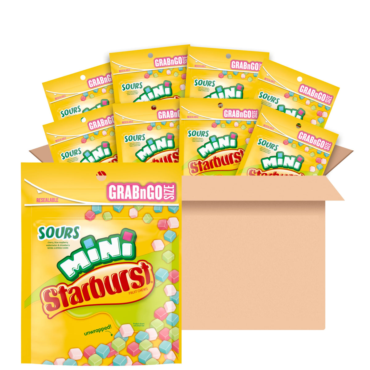 STARBURST Minis Sours unwrapped candy for instant snacking and sharing.