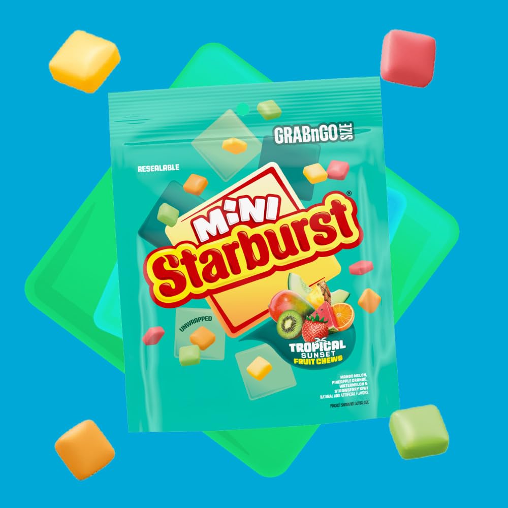 Starburst Minis Tropical Sunset close-up shows juicy fruit chews.