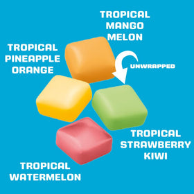 Unwrapped Starburst Minis Tropical Sunset chews for quick on-the-go flavor.