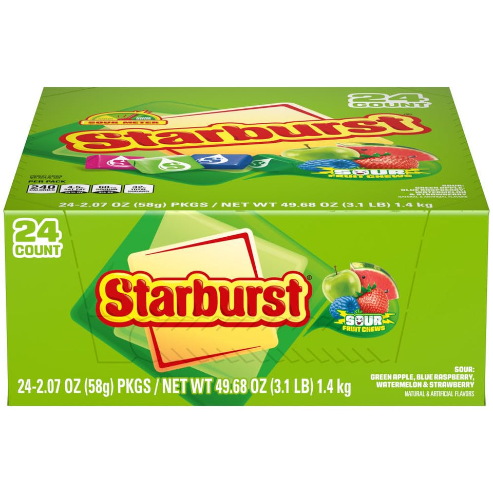 Starburst Sour Chewy Candy pack front, ideal for on-the-go snacking and sharing.
