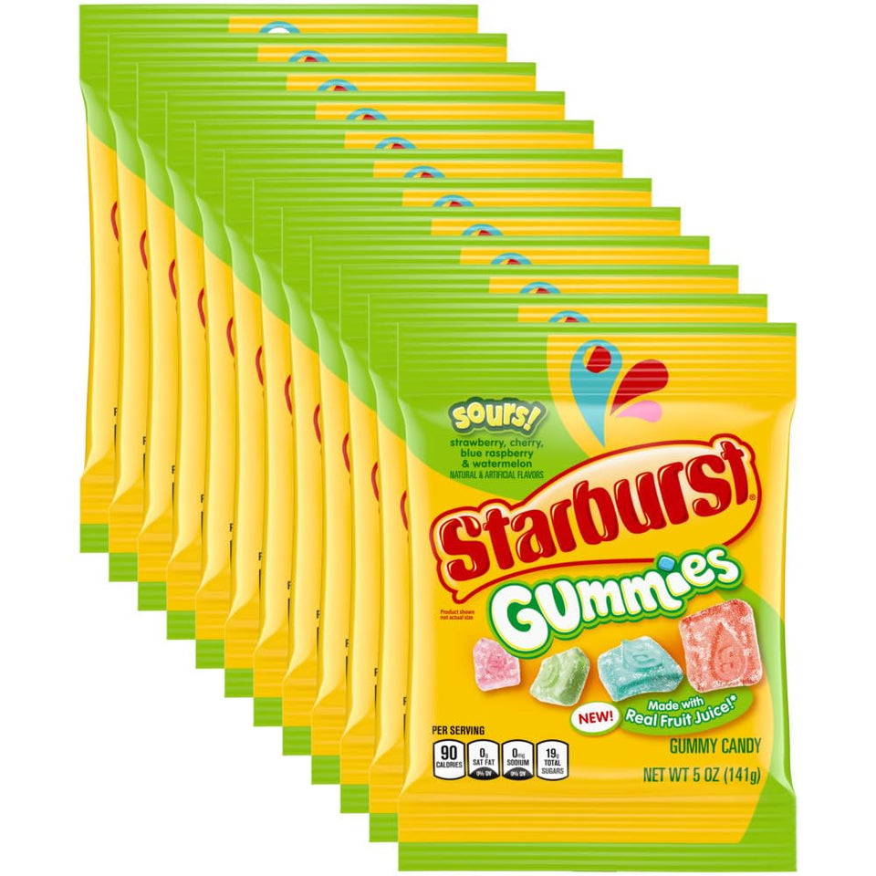 Starburst Sours Gummies bag front with tangy flavors for on-the-go snacking.