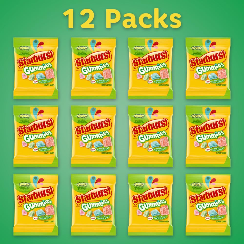 Starburst Sours Gummies 12-pack display highlights variety and shareable party candy.