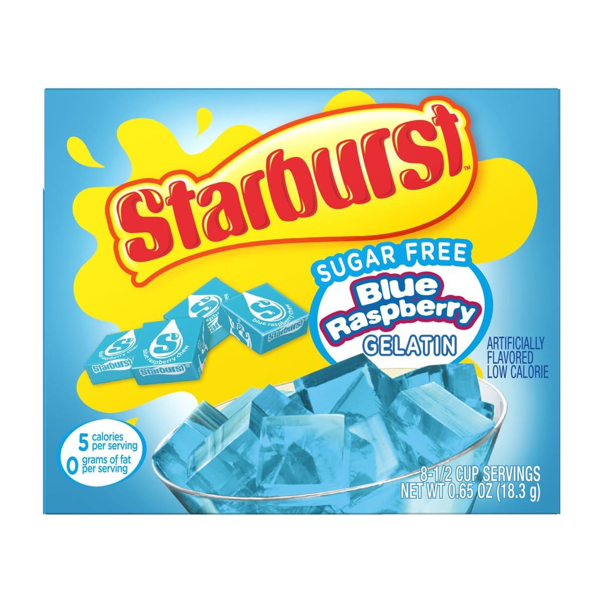 Starburst Sugar Free Gelatin Powder-mix image highlights easy, quick dessert creation.