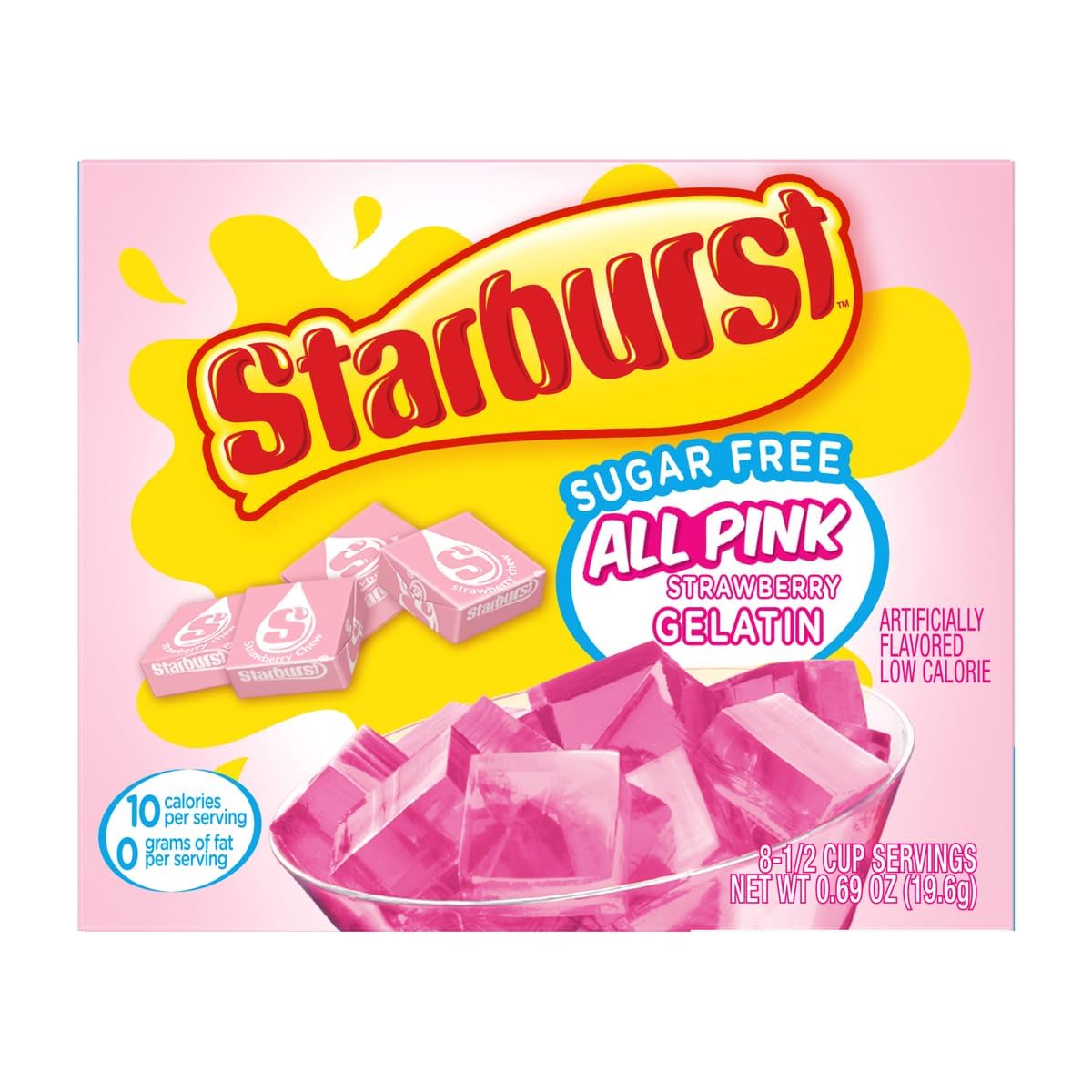 Starburst Sugar Free Gelatin Strawberry prepared-serve offers quick, family-friendly strawberry flavor.