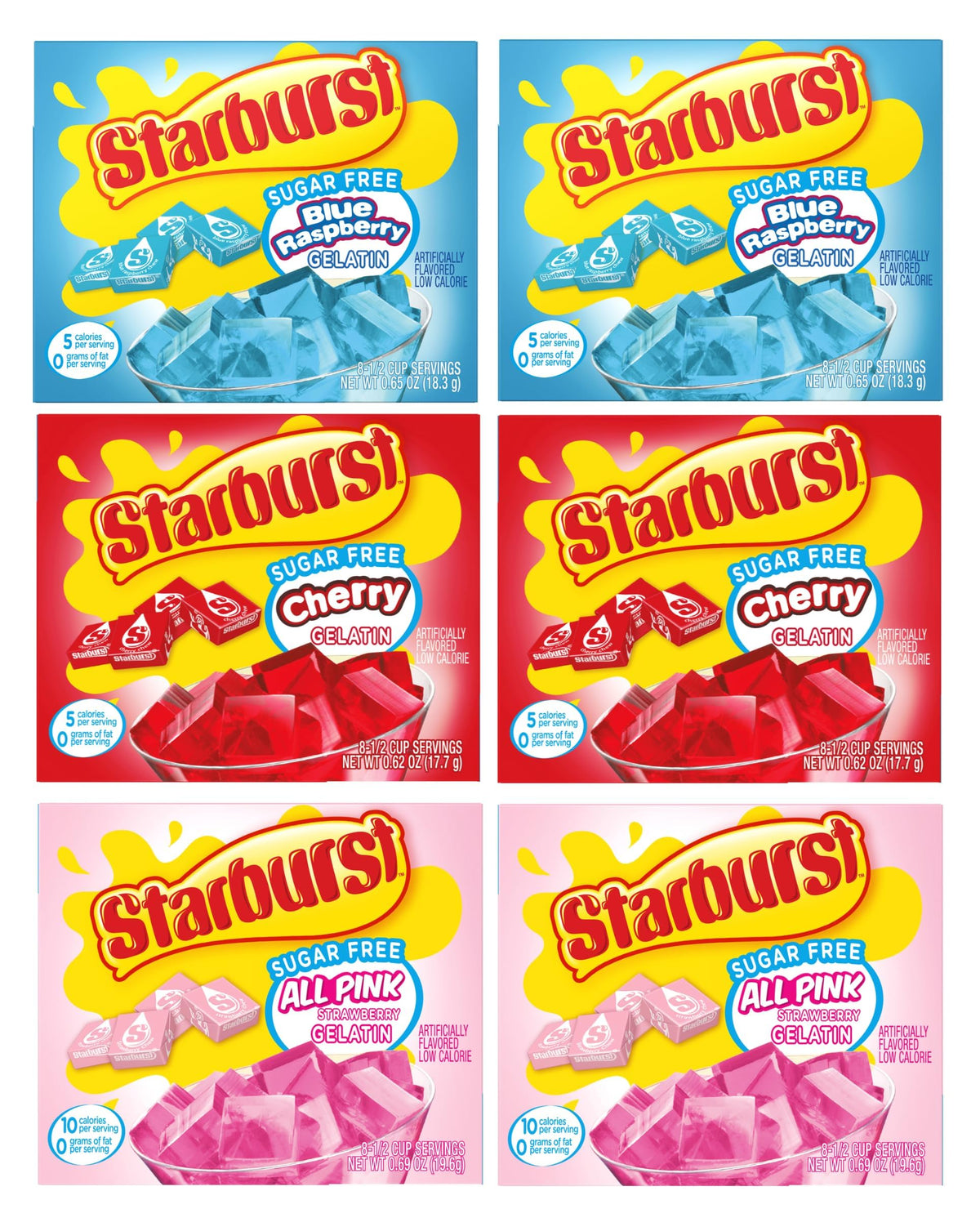 Starburst Sugar Free Gelatin Variety Pack boxes offer six-pack convenience for gatherings.