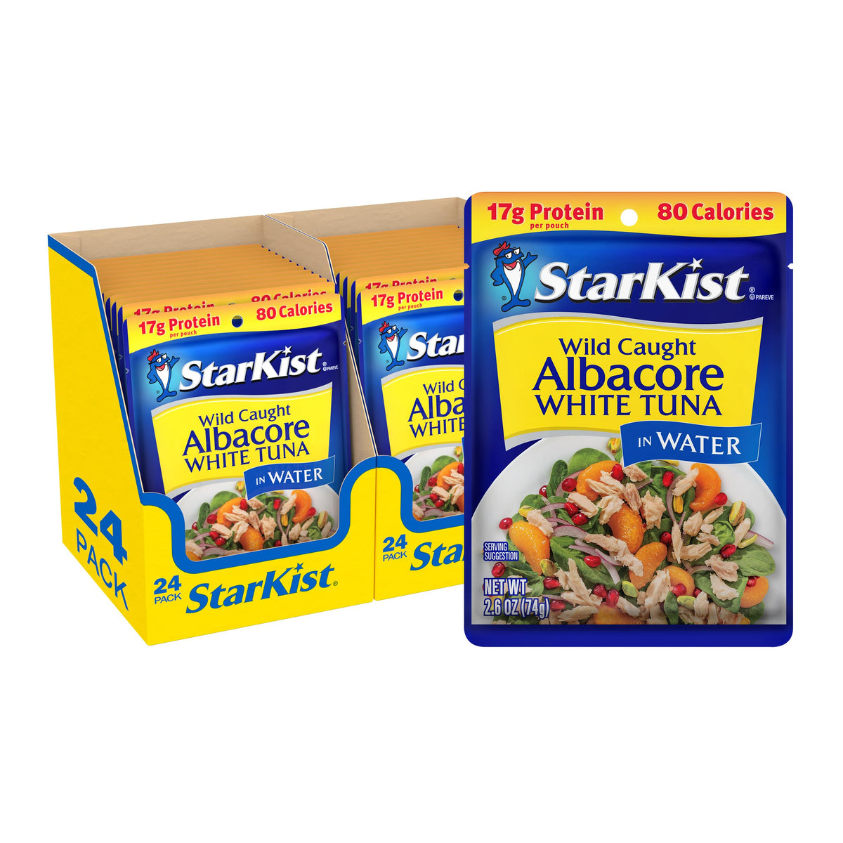 StarKist albacore white tuna in water pouch close-up showing lean, protein-packed portion.