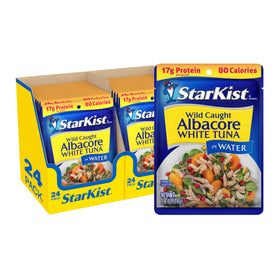 StarKist albacore white tuna in water pouch close-up showing lean, protein-packed portion.