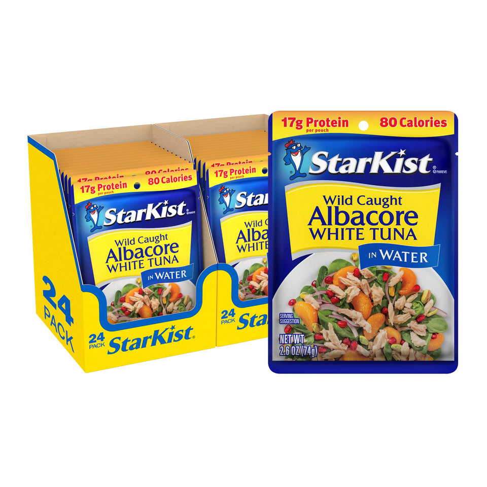 StarKist albacore white tuna in water pouch close-up showing lean, protein-packed portion.