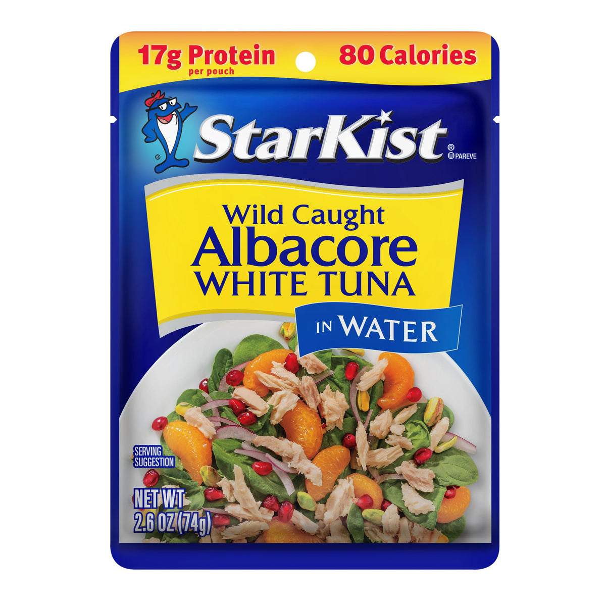 StarKist albacore tuna water pouch close-up, ready-to-eat convenience for quick meals.