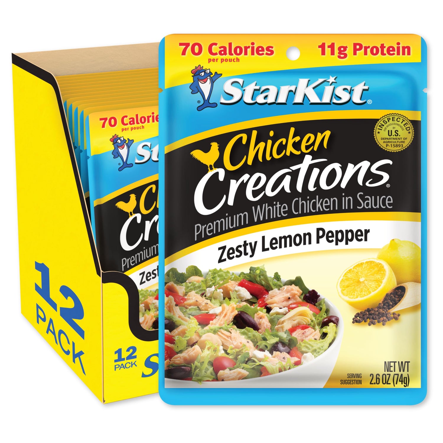 StarKist Chicken Creations Zesty Lemon Pepper pouch, ready-to-eat protein for on-the-go lunches.