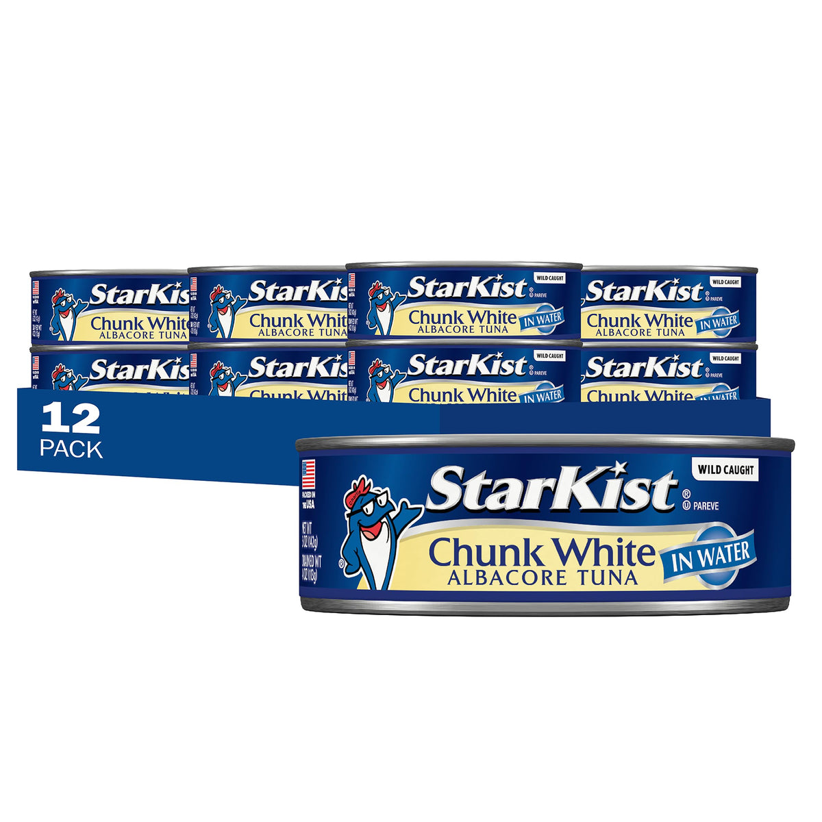Starkist albacore tuna in water pack showing a 12-can carton for meal prep.