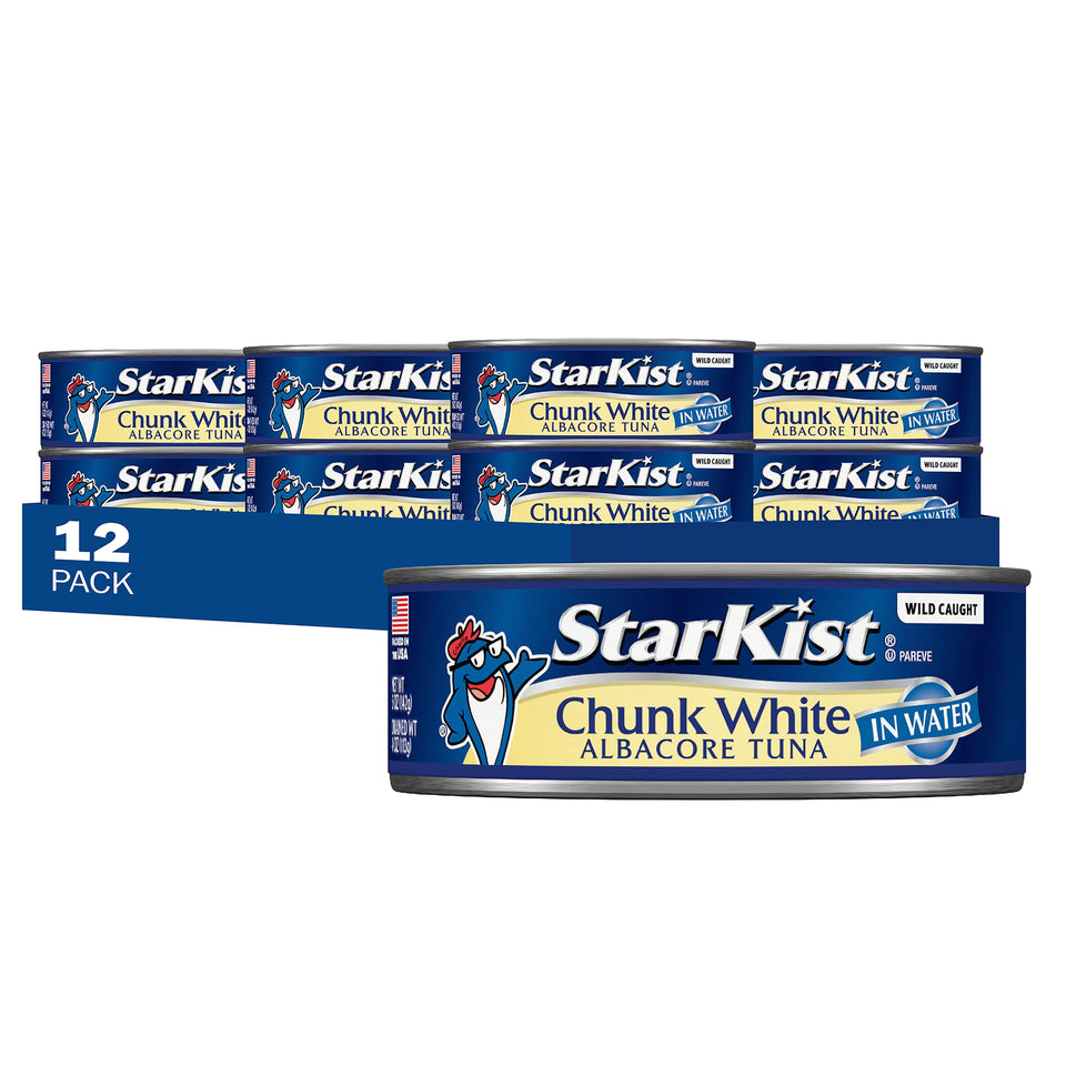 Starkist albacore tuna in water pack showing a 12-can carton for meal prep.