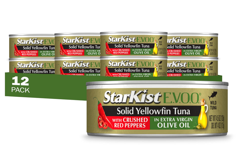 StarKist E.V.O.O. yellowfin tuna with crushed red peppers in EVOO, ideal for bold crostini.