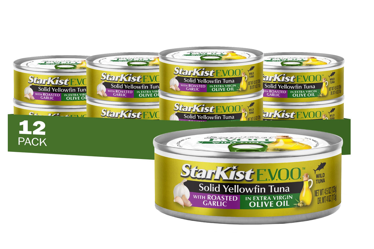 StarKist E.V.O.O. Yellowfin tuna can with roasted garlic, ideal for quick meals