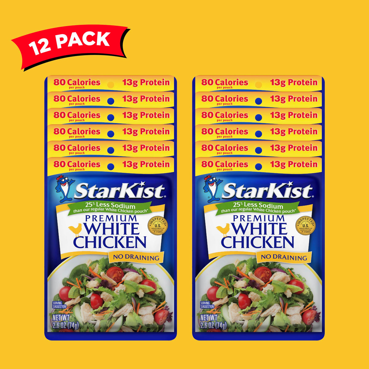 StarKist Less Sodium Premium White Chicken pouch close-up showing 13 g protein per serving.