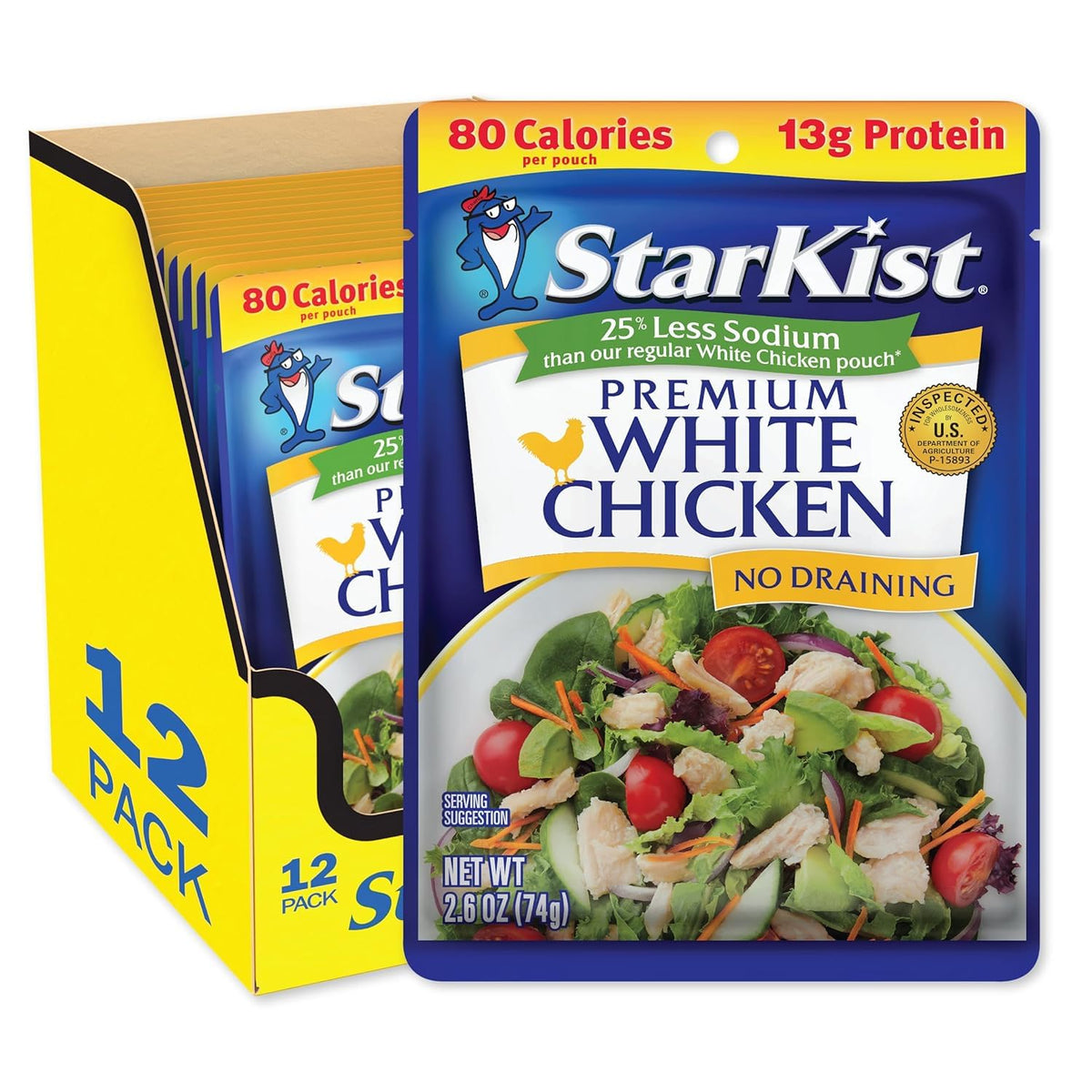 StarKist Less Sodium Premium White Chicken pouch front view for quick meals.