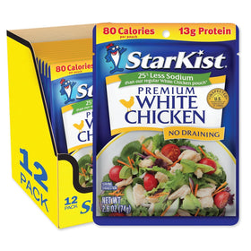 StarKist Less Sodium Premium White Chicken pouch front view for quick meals.