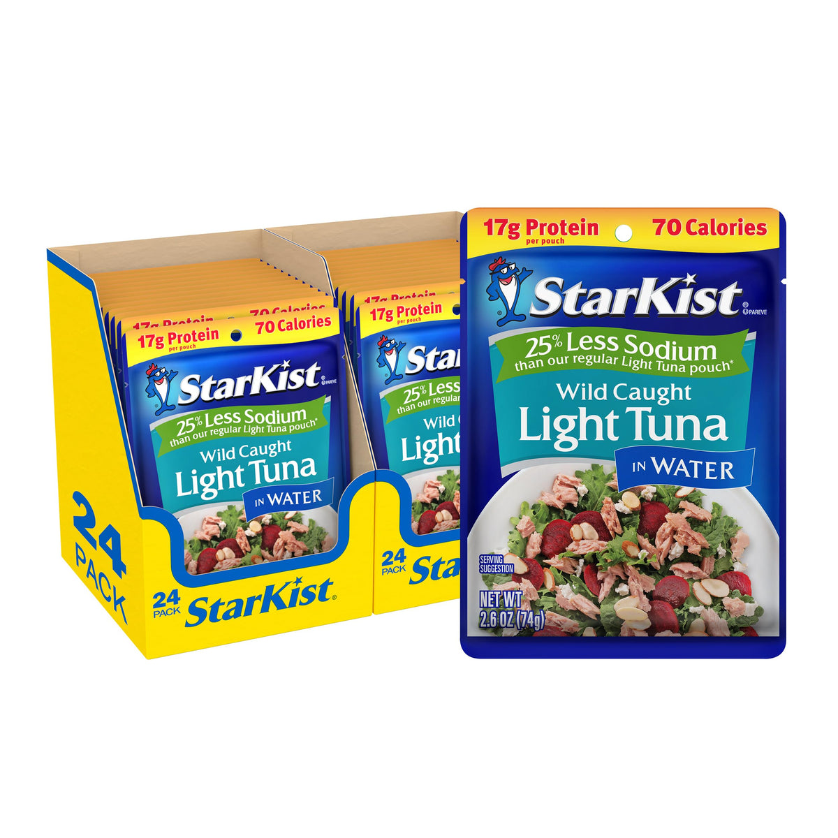 StarKist Light Tuna in Water pouch front view, ready to eat for salads or snacks.