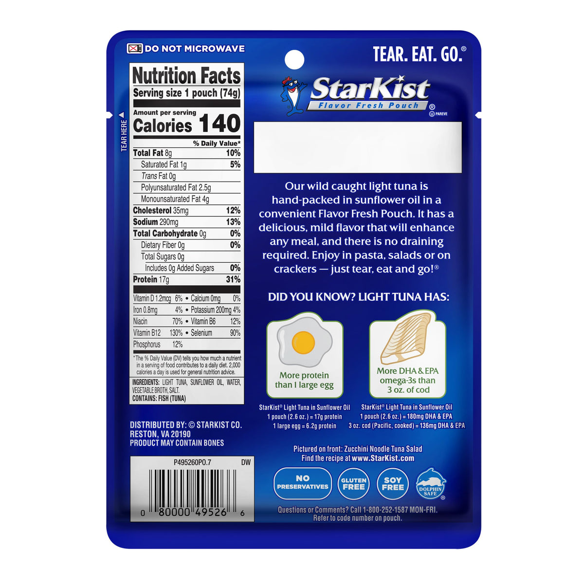 Single-serve ready-to-eat tuna pouch for salads and sandwiches.