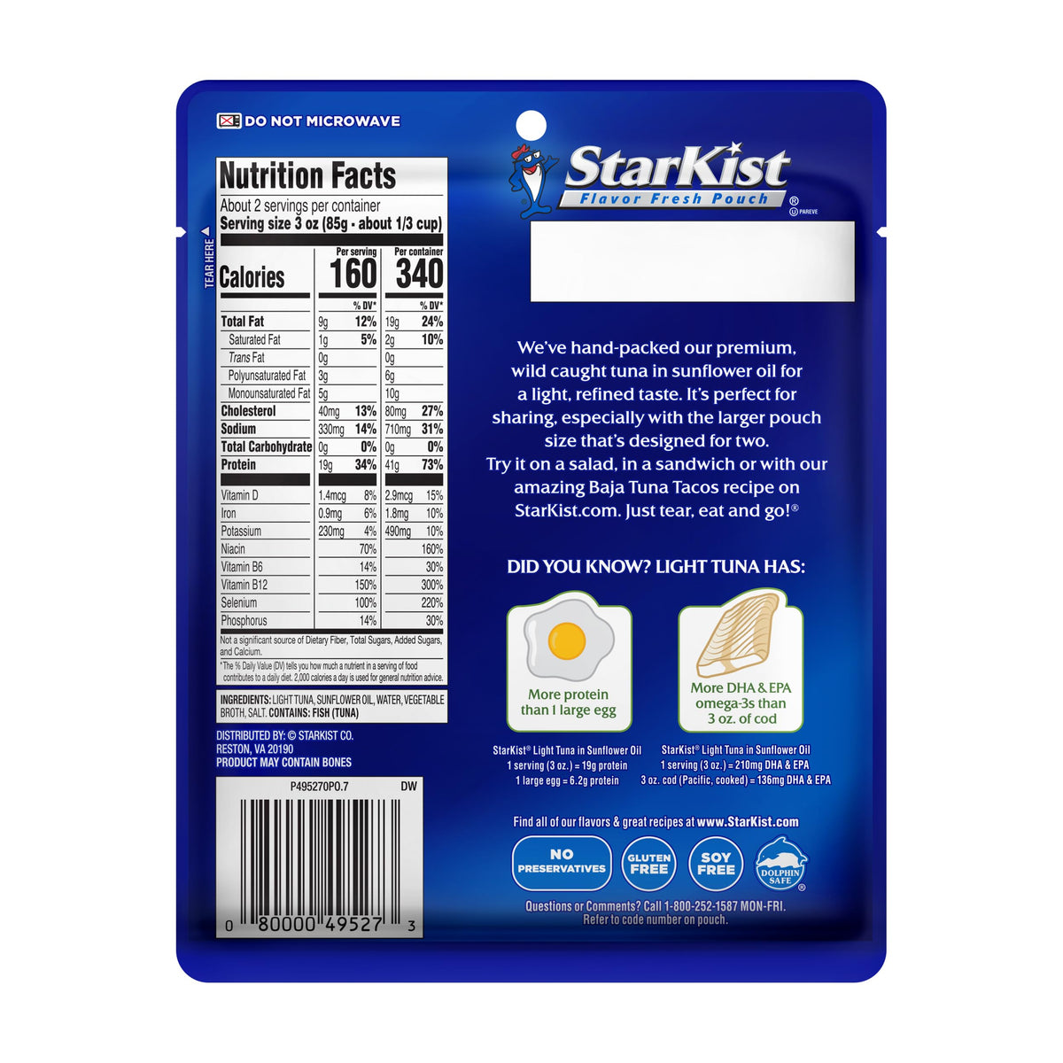 StarKist Light Tuna in Sunflower Oil pouch ready to eat protein for lunches