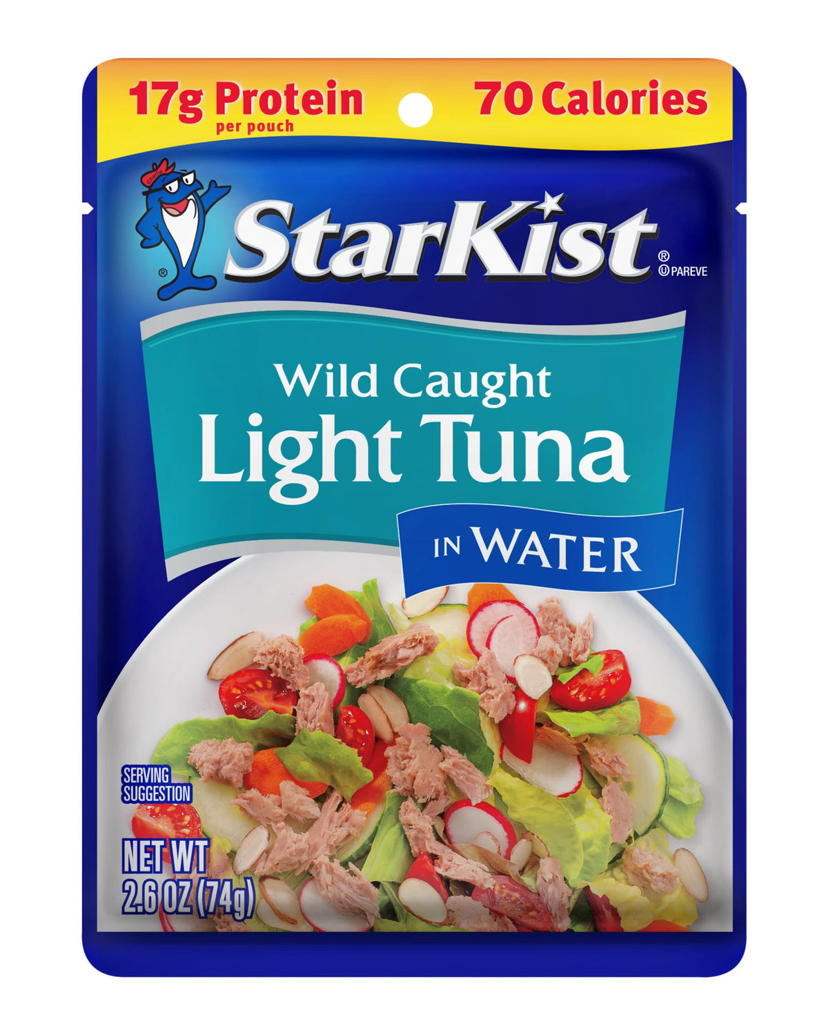 StarKist Light Tuna Water Pouch atop a salad for a quick meal.