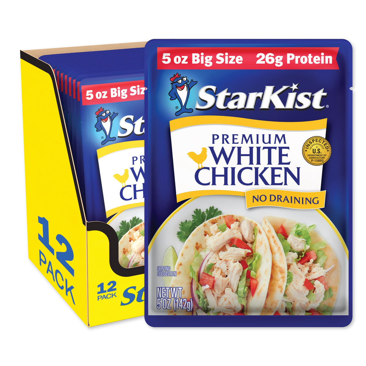 Starkist Premium White Chicken pouch packaging shows ready-to-eat convenience for on-the-go meals.