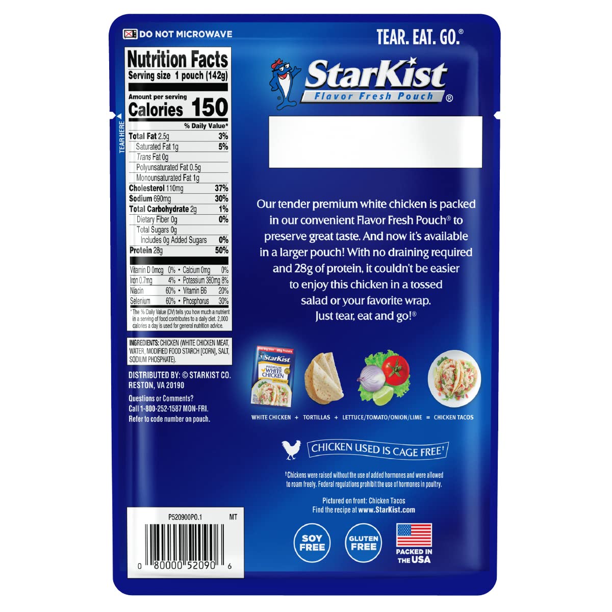 Starkist Premium White Chicken pouch reveals tender white chicken for salads.