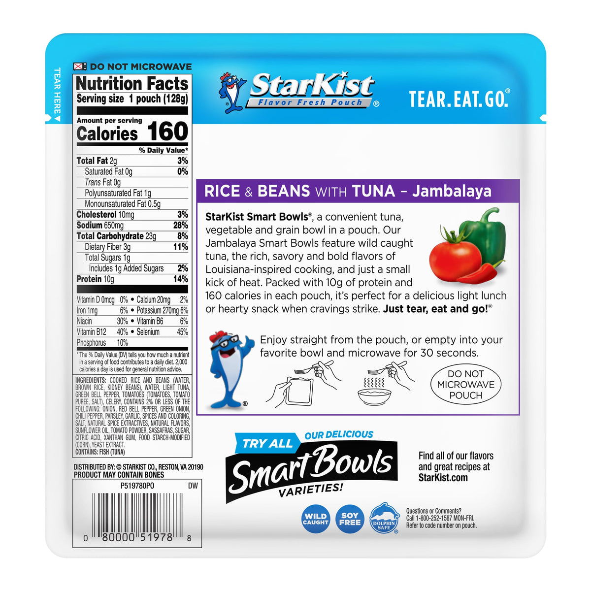 StarKist Smart Bowls Jambalaya ingredients highlight brown rice and kidney beans