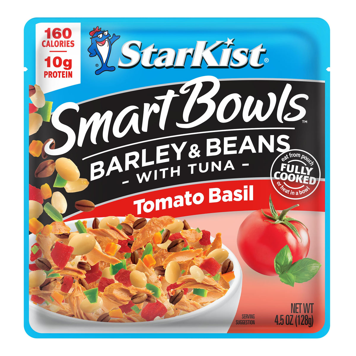 StarKist Smart Bowls Tomato Basil ingredients close-up highlights barley, tomatoes, basil, and tuna.