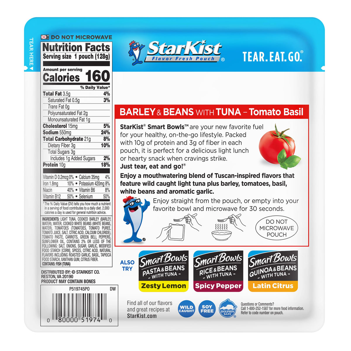 StarKist Smart Bowls Tomato Basil pouch close-up displays protein-packed tuna texture.