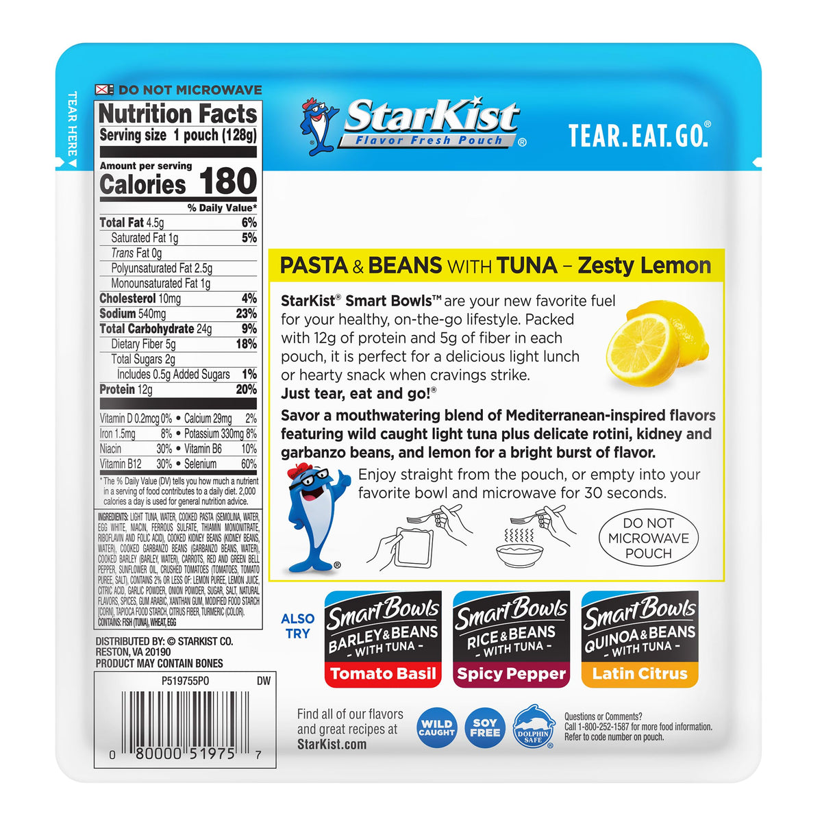 StarKist Smart Bowls Zesty Lemon pasta and beans close-up, high-protein meal.