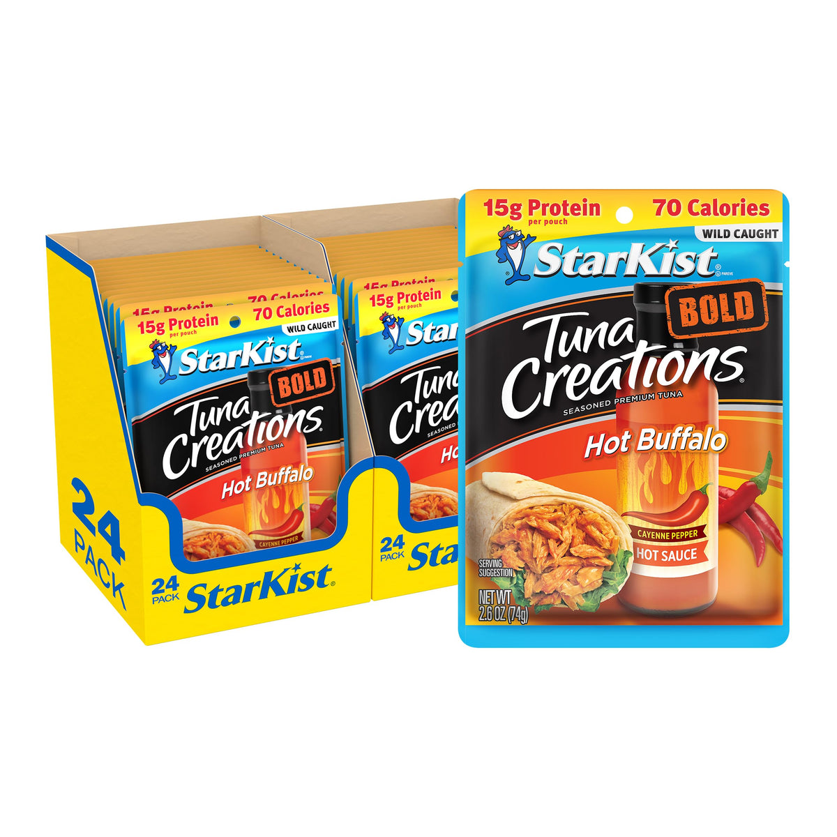 StarKist Tuna Creations Bold Hot Buffalo pouch close-up, easy ready-to-eat protein on the go.