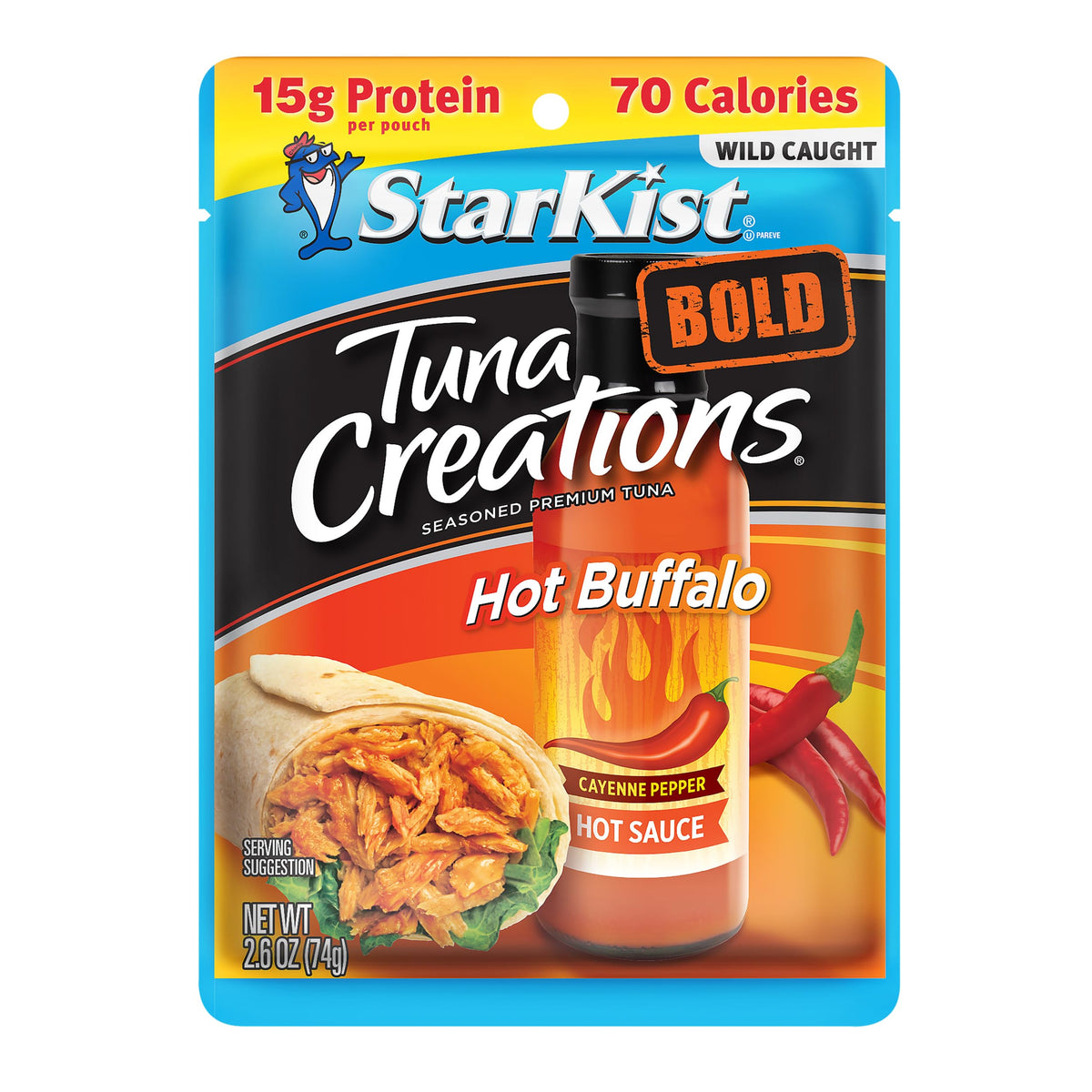 StarKist Tuna Creations Bold Hot Buffalo pouch on a greens salad, quick high-protein topping.