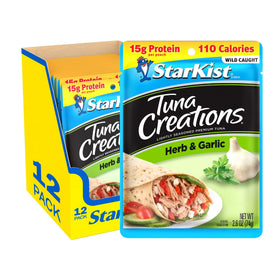StarKist Tuna Creations Herb and Garlic pouch atop a fresh salad for a quick protein boost.