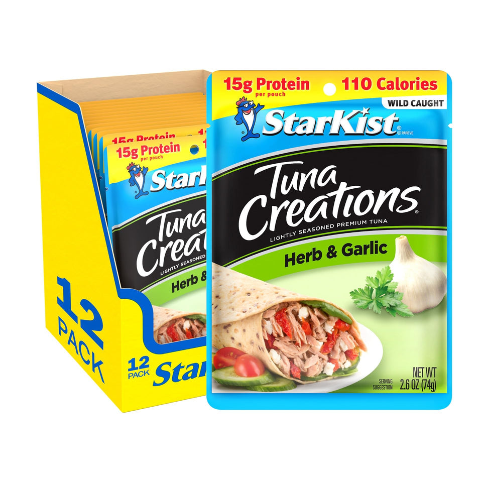 StarKist Tuna Creations Herb and Garlic pouch atop a fresh salad for a quick protein boost.