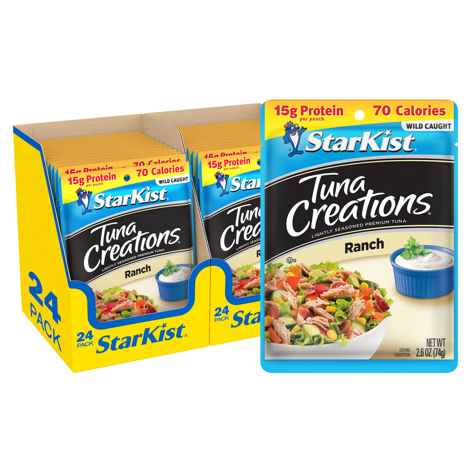 StarKist Tuna Creations Ranch pouch 24-pack front view, portable high-protein snack for busy days.