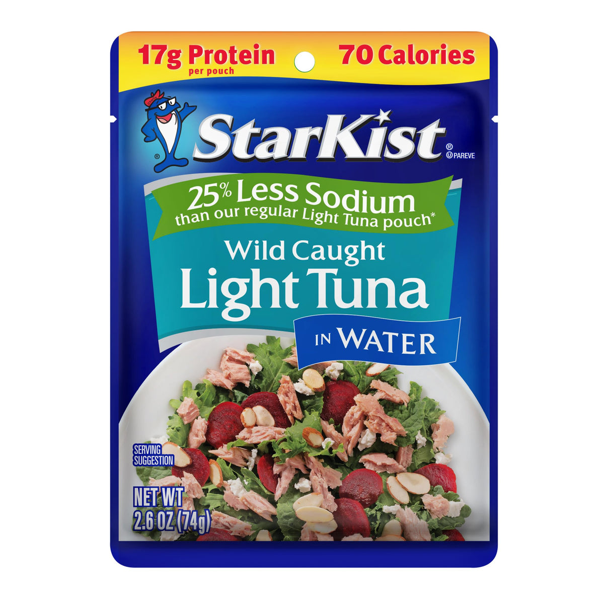 StarKist 25% less sodium tuna pouch highlights lower sodium while preserving flavor.