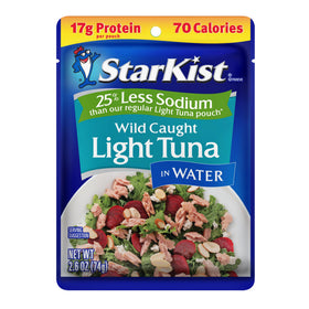 StarKist 25% less sodium tuna pouch highlights lower sodium while preserving flavor.