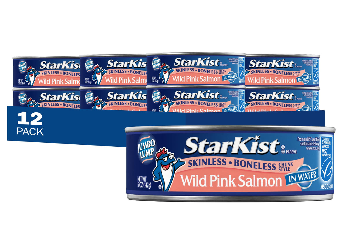 StarKist Wild Pink Salmon can on shelf, convenient pantry staple.