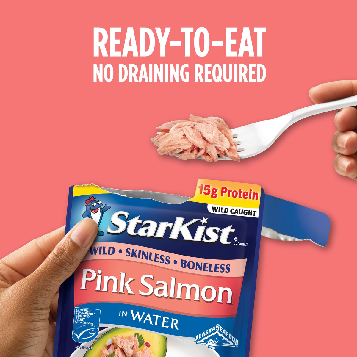 StarKist Wild Pink Salmon with salad on the plate demonstrates versatile, wholesome lunch option.