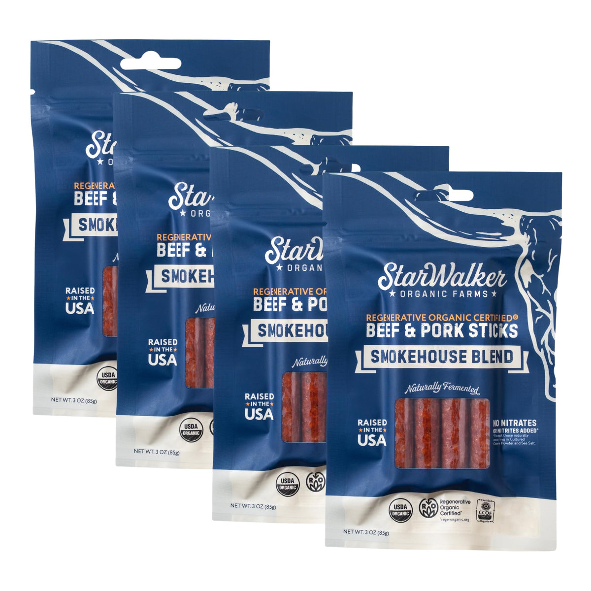 StarWalker Organic Beef and Pork Jerky Sticks pack front for on-the-go protein
