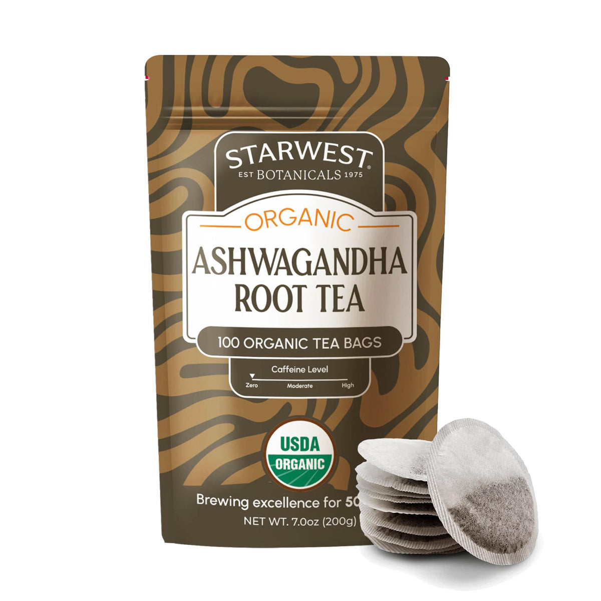 Starwest Ashwagandha tea bags in a box for convenient, pure herbal brewing.