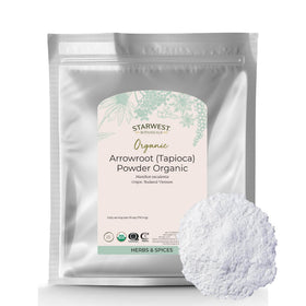 Starwest Botanicals arrowroot tapioca powder bag showing gluten-free thickener for sauces