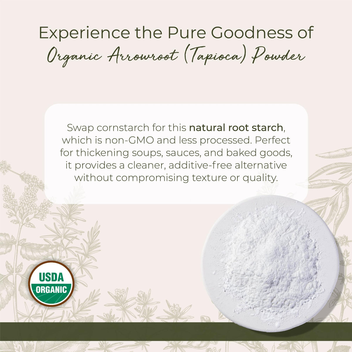 Starwest Botanicals arrowroot tapioca powder dispensing image highlighting smooth thickening