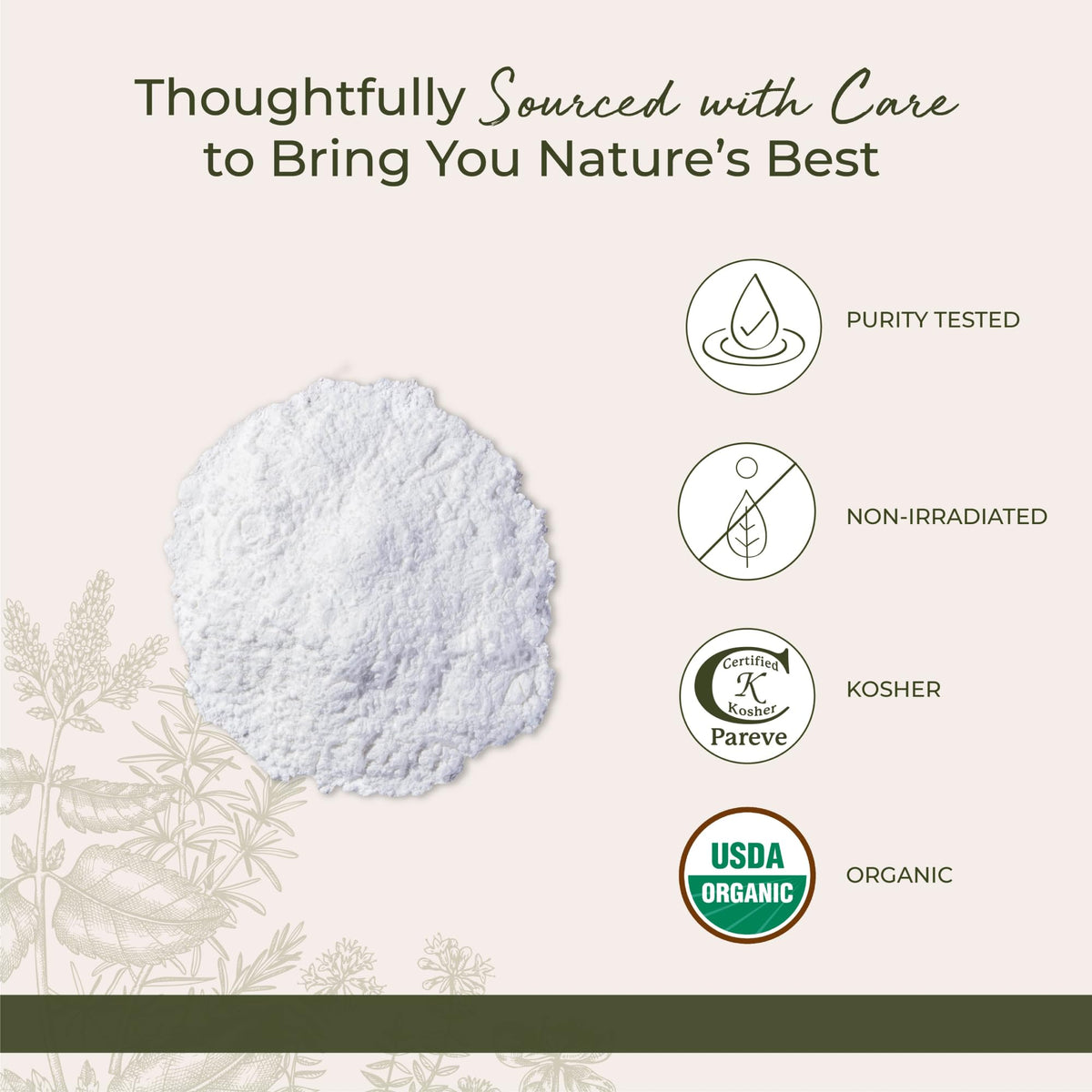 Starwest Botanicals arrowroot tapioca powder in a kitchen jar emphasizing organic and kosher quality